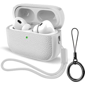 Case for AirPods Pro 3 (2025 Release), Leather-Texture TPU Shockproof Protective Cover with Keychain, Wrist Strap, Front LED Visible  White