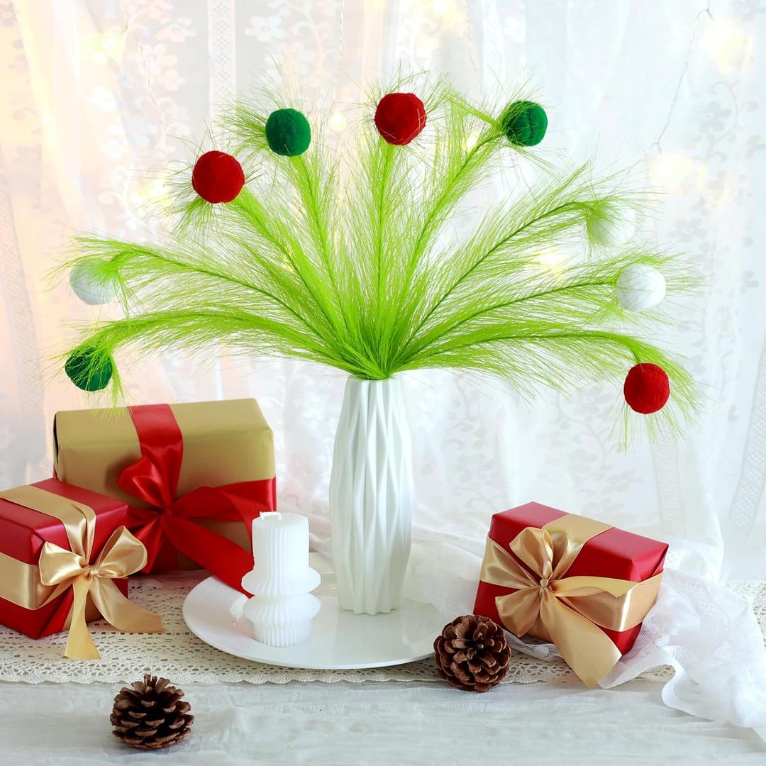 9 PCS 17 Inch Christmas Tree Topper, Lime Green Curly Tree Picks and Sprays, Tree Topper Picks with Red Green White Furry Material Balls for Christmas Home Vase Filler Wreath Craft Garland Decoration