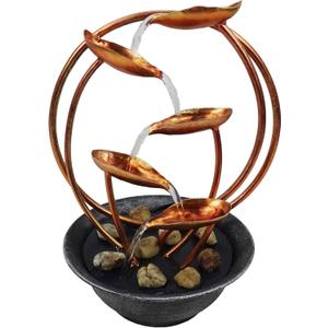 Alpine Corporation ZEN920 13" Decorative Indoor Tabletop Multi Tiered Metal Leaf Water Fountain with Stone Filled Base for Home, Office, and Desk Decor, Copper