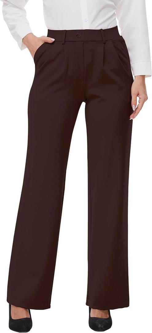 Womens 22/27"/29"/31" Wide Leg Pleated Yoga Dress Pants, High Waist Stretchy Slacks for Workout Business Casual (XX-Large, Brown)