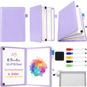6 Sides Dry Erase Notebook Portable Whiteboards Notebook 9"x6"(a5) Small Reusable Whiteboard Notepad Foldable Anti-ghosting Surface, Travel White Board for Office Study Meeting Planning (Purple)