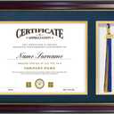 GraduatePro 11x17 Diploma Frame with Tassel Holder for 8.5x11 Certificate Shadow Box, Mahogany Gold Rim with Double Mat Navy Over Gold, Real Glass