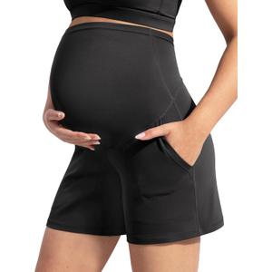 POSHDIVAH Women's Creamluxe Maternity Yoga Shorts with Pockets Pregnancy Workout Running Pants Clothes 6"/9"/12" (Black, M)