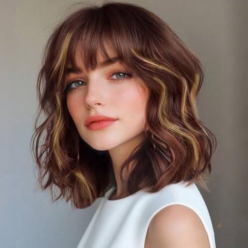 Amazon.com: iAelev Highlight Brown Short Wavy Wig for Women Bob Style Synthetic for Everyday Hairstyle 12 Inch wig for Daily Party Use