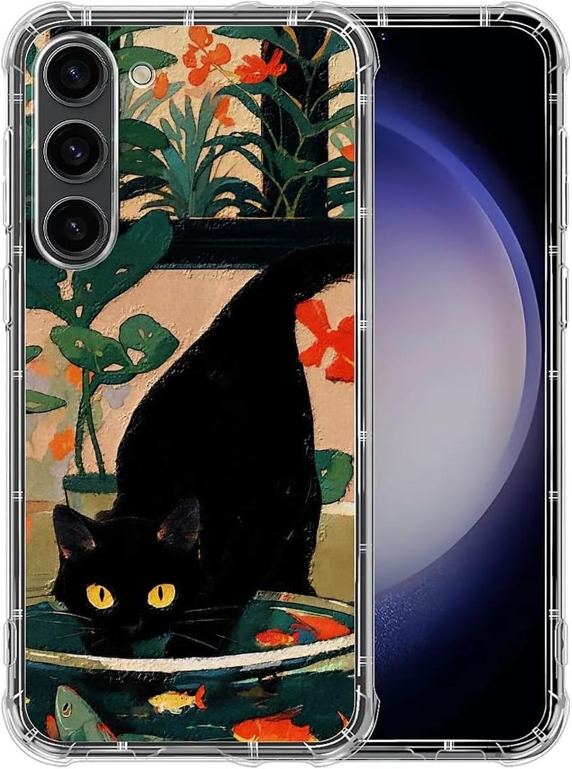 for Samsung Galaxy S23 Plus Case Clear,TMK Black Cat Catching Fish Transparent Soft Shockproof Protective Slim Thin Bumper Pattern Design Phone Case