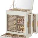 SONGMICS Jewelry Box with Glass Window, 5-Layer Jewelry Organizer with 3 Side Drawers, Jewelry Storage, with Big Mirror, Modern, 6.1 x 10.3 x 12.6 Inches, Cloud White and Metallic Gold UJBC162W01