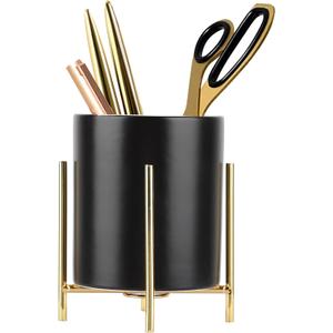 SIEBOLD Sturdy Pen Holder Simple and elegant for Desk Matte Pencil Holder Ceramic Cute Desktop Organizer Brush Holder Cup (Black and Gold Plated) (H 4.7'')