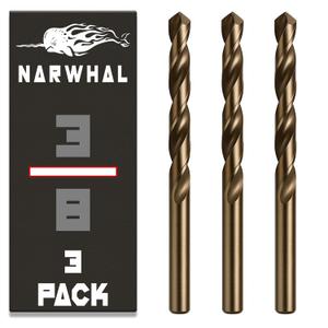 Narwhal 3/8 Inch Cobalt Drill Bits (3 Pack - Industrial Grade M35 Cobalt) 5" Length & 135 Degree Split Point for Drilling Into Metal, Hardened & Stainless Steel, Cast Iron, & More!