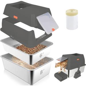Stainless Steel Sifting Litter Box with Lid,23.6''x15.8''x8''Large Pellet Cat Litter Box,Metal Sifting Litter Boxes for Pine Pellets,Anti Urine Leakage,Include Foot Pedal&Scoop&Litter Bags (Dark Grey)