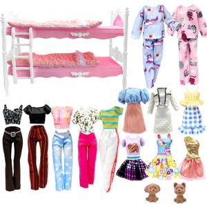 Dolls Clothes and Accessories, Bunk Bed Playset, 2 Pajamas, 2 Fashion Dresses, 2 Clothing Outfits, Bedroome Set for 11.5 inch Dolls, with 2 Blankets