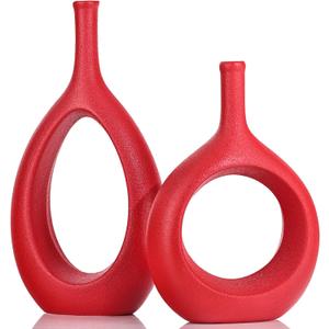 Red Ceramic Vase Set 2,Modern Hollow Circle with Hole Flower Vase for Home Decor,for Table Centerpieces,Farmhouse,Fire Place,Living Room,Bedroom,Office,Bookshelf,Rustic Decor