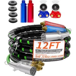 12FT 3 in 1 Trailer Air Line Hose Kit Assembly with Gladhands, Handles, Seals, 7 Way ABS Electrical Power Cable Airline Hose Wrap for Semi Trucks Trailer Tractor
