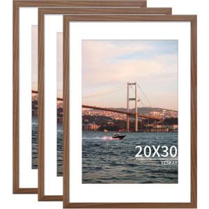 YESKAY 20x30 Picture Frame Brown Set of 3, Display Pictures 16x24 with Mat or 20 x 30 Without Mat, Poster Frames 20x30 for Wall Hanging Horizontal and Vertical