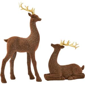DN DECONATION Christmas Decorations Reindeer Figurines, Deer Decor Statues with Gold Antlers, 2PCS Flocked Brown Reindeer Xmas, Decorations for Christmas Village Table Top Mantle Winter Room Decor