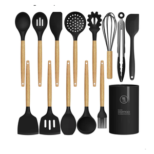 Silicone Cooking Utensils Set Utensil Sets - 446°F Heat Resistant Silicone Kitchen Utensils Set Wooden Handles, Silicone Utensils for Cooking w Holder for Non-Stick Cookware BPA FREE (Black)