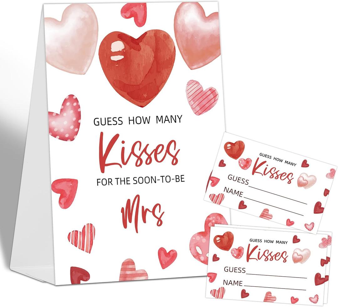How Many Kisses Bridal Shower Game Wedding Shower Decorations, Guess How Many Baby Shower Game, 1 Standing Sign and 50 Guess How Many Cards for Birthday Baby Shower Wedding Party Decorations, 03