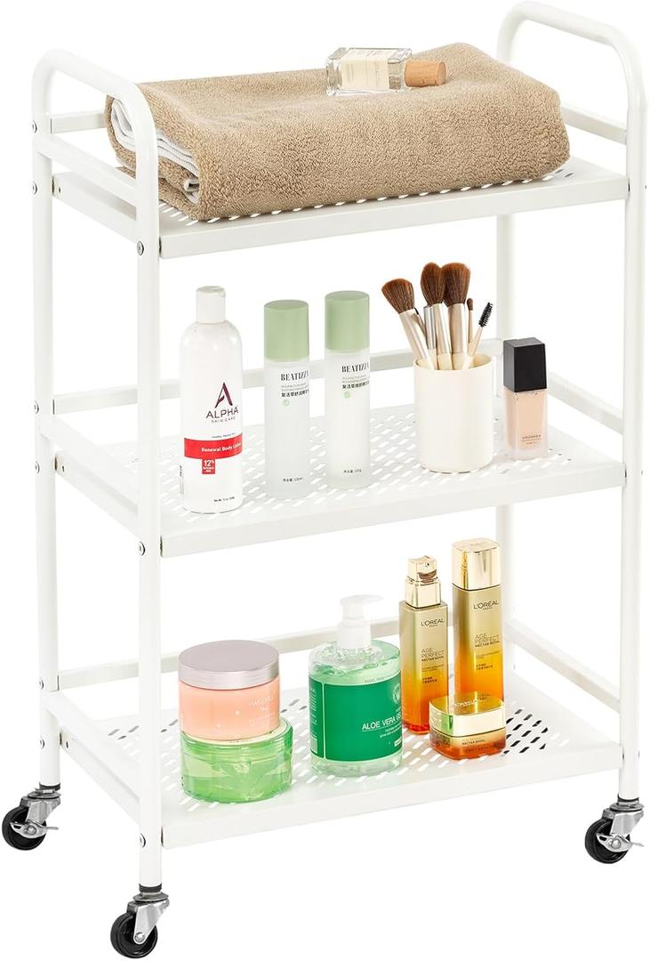 HDANI 3 Tier Rolling Cart,Heavy Duty Multifunctional Metal Frame-Supports 22 Lbs Per Tier,Rolling Cart with 2 Lockable Wheels for Office,Home,Bedroom,Kitchen,Bathroom (White) (Small Mesh)