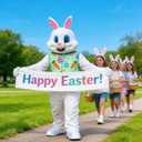 Easter Bunny Mascot Costume Blue Vest Unisex Deluxe Rabbit Costume Party Adult Size Fancy Dress