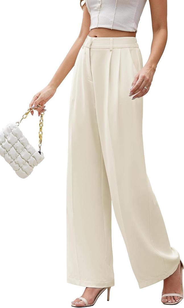 FUNYYZO Women Suit Pants Wide Leg Pants High Elastic Waisted in The Back Business Work Trousers Long Straight (X-Small Long, Beige)