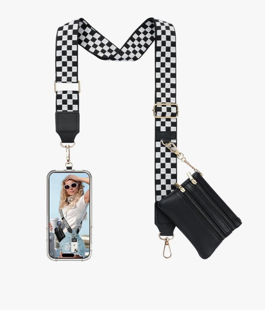 TiMOVO Clip and Go Phone Strap Crossbody with Leather Wallet, Adjustable Anti-Theft Phone Lanyard Checkered Black & White