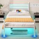 J.Fkne Twin Bed Frame with LED Lights & Charging Station, Metal Platform Bed with Headboard, Heavy Duty Metal Slats, No Box Spring Needed, Noise Free, Easy Assembly, White