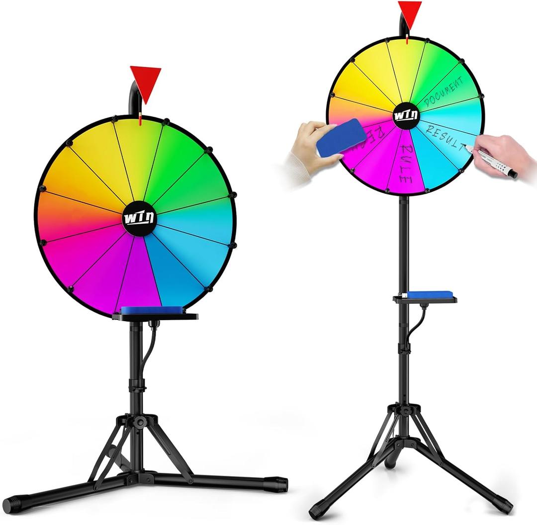 16 Inch Prize Wheel,Spinning Wheel with Adjustable Folding Tripod Floor Stand,12 Slots,1Bracket, Dry Erase Kit - Wheel of Fortune Game for Carnival, Casino & Trade Show. (Black)
