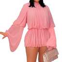 Two Piece Skirt Set for Women Sexy Chiffon Tops Pleated Mini Skirt Set Going Out Outfits Y2K Suit Bell Long Sleeve Mini Dress for Party Night Out Pink, Large