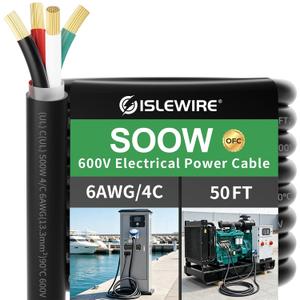 6/4 SOOW Cable, 50 FT 6 AWG Copper Wire, 4 Conductor Heavy Duty Power Cable
6/4 SOOW Cable 600V, 6 AWG Copper Wire 4 Conductor, Heavy Duty Power Cable, OFC Flexible Welder Cord for 50 Amp Applications