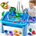 JUKUDAHU Water Table Play Sink Toy for Kids 2 3 4 5 6 Years Old - Outdoor Kitchen with Running Water, Fishing Games, Toddler Water Play Table for Kids Ages 3-8, Beach Outdoor Toys, Summer Gifts, Blue Electrical Water Table