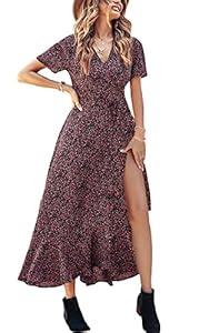 PRETTYGARDEN Women's Summer Wrap Maxi Dress Casual Boho Floral V Neck Short Sleeve Ruffle Hem Split Beach Long Dresses (Black Red Floral,M)