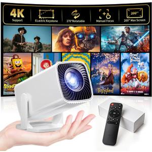 Mini Projector, Portable Projector 4K & Full HD 1080P Support, 270 Rotation Outdoor Projector, Movie Projector Compatible with Smartphone, TV Stick, Laptop, PS4, HDMI, USB
