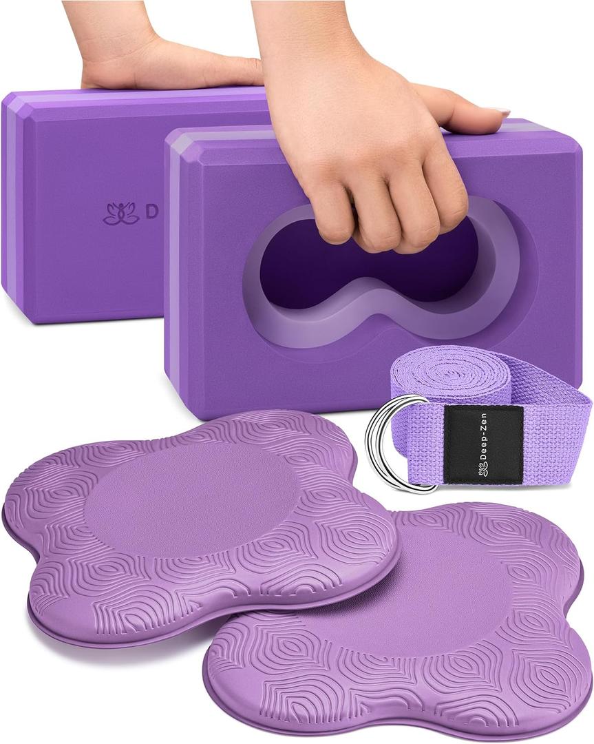 Deep-Zen Yoga Blocks Wrist Support; Yoga Blocks 2 Pack with Knee Pads and Strap to Put Less Weight on Wrists; Durable, Versatile Yoga Brick Exercise Block Set, Blocks Yoga (Purple)