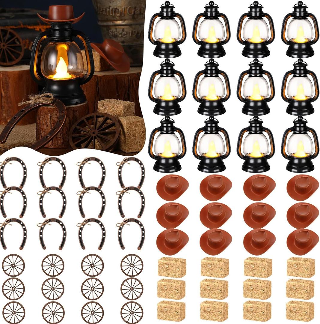 Ferraycle 120 Pcs Cowboy Theme Party Decoration Western Party Decor Rodeo Table Centerpieces Rustic Country Mini Cowboy Hat Lantern Horseshoe Wagon Wheel Hay Bales for Adult Cowgirl (Brown)