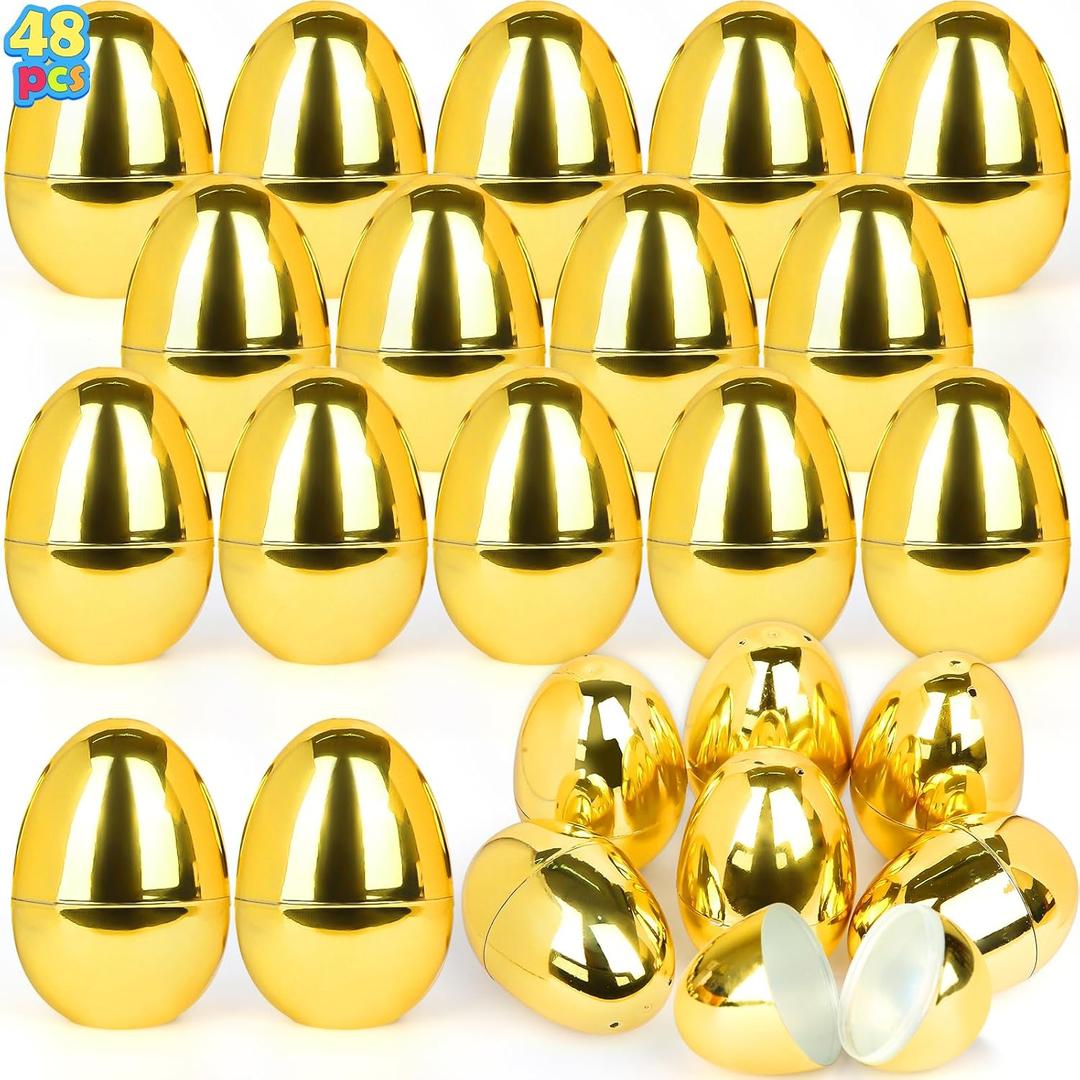 LEASEN 48 Pack Gold Easter Eggs, 2.3 Inch Metallic Plastic Empty Eggs, Surprise Golden Eggs Fillable for Easter Treats Fillers, Easter Eggs Hunt, Easter Party Favor, Basket Stuffers Fillers