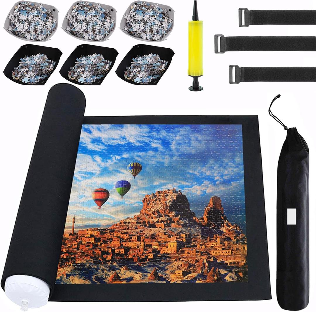 Puzzle Mat Roll Up Puzzles Board for Jigsaw Up to 2000, 1500, 1000, 500 Pieces Large Portable Table Saver Mats Puzzle Keeper Cover with Sorter Trays Storage Bag Kit Holder Organizer Pad for Adults (Black Felt)