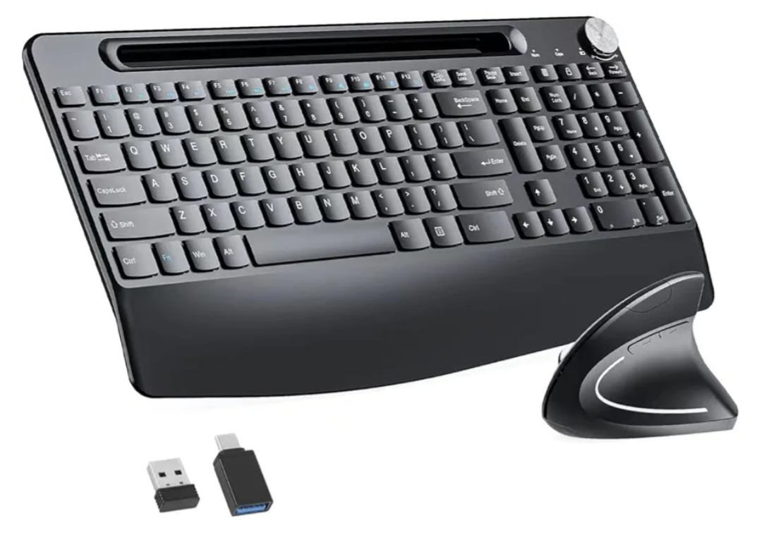 Full-Size Ergonomic Keyboard and Mouse, 2.4GHz Wireless Keyboard and vertical Mouse with Tablet Phone Holder, Wrist Rest for Computer Mac PC Laptop Chromebook, Black