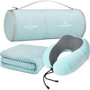 Travel Pillow and Blanket Set Neck Pillow Airplane Memory Foam for Traveling Compact with Bag Blue Green