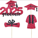 4 Pcs 2025 Graduate Cake Topper Red Glitter Congrats Grad Cake Topper Class of 2025 Cake Decor for 2025 Senior High School/College/University Happy 2025 Graduation Party Supplies Decorations, 3pack