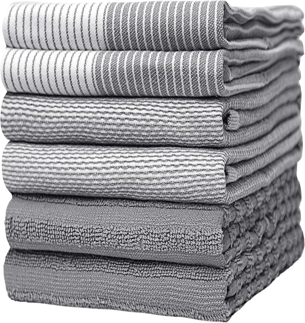 Premium Kitchen Towels (20x 28, 6 Pack) | Large Cotton Dish Towels | Flat & Terry Highly Absorbent Kitchen Linen Set with Hanging Loop | Gray