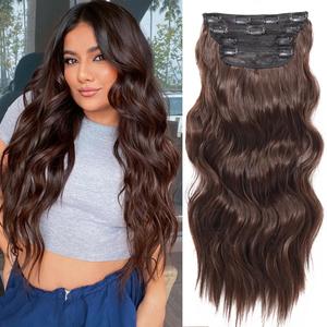 Chocolate Brown Clip in Hair Extensions 4PCS Chestnut Hair Extensions Clip ins for Women 20 Inch Long Wavy Curly Hair Extension Natural Syntheitc Hairpieces