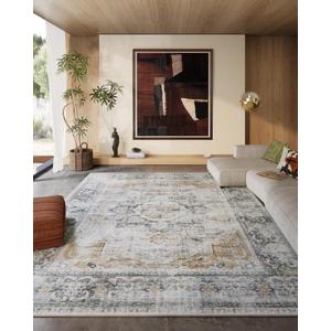 8x10 Area Rugs Washable Rug: Large Living Room Rug Stain Resistant Distressed Vintage Boho Rug Non Slip Low Pile Faux Wool Soft Area Rug for Bedroom Bedside Indoor Kids Playroom Farmhouse Dining Room (Grey and Orange)