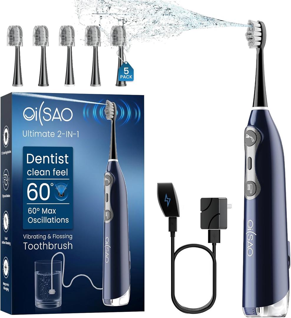 3-in-1 Upgraded Pro Flossing Toothbrush-Flosses, Vibrates and Oscillates(The 1st Tech), Electric Toothbrush with Water Flosser Equipe 5 Brush Heads, Plaque Removal for Sensitivity, Braces-Blue