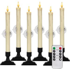 Homemory 6 Pcs Window Candles with Remote Timer Dimmer, Christmas Candles for Window Battery Operated, Ivory Flameless Taper Candle with Holders and Suctions, LED Candlesticks for Xmas Holiday Decor