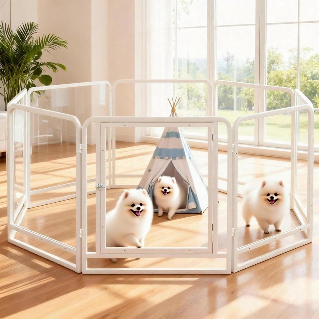 Clear Acrylic & Metal Dog Playpen Indoor - Modern Puppy Playpen with All-Metal Frame, No Plastic Parts, Foldable Portable Dog Crate for Small Animals (23.6" Tall 8PCs)