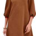 Wenrine Womens 3/4 Sleeve Mini Dress Casual V Neck Collared Textured Loose Fall A Line Argyle Dresses with Pockets (Brown)