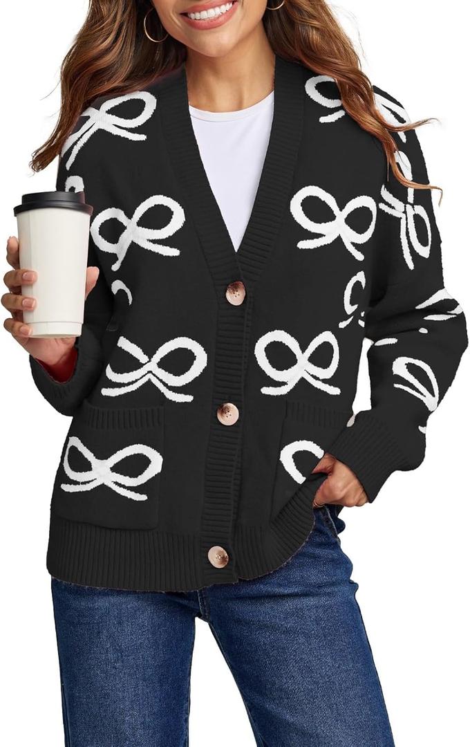 Astylish Womens Open Front Knit Cardigan Sweaters Button Down Bow Printed Outwear Coat with Pockets (X-Large, Black)