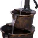 Alpine Corporation 27" Tall Rustic Outdoor 2-Tier Barrel Pump Water Fountain with Soothing Cascading Water Flow for Patio, Yard, Porch, or Landscape, Bronze