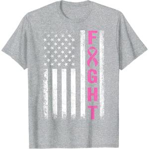 Fight Breast Survivor American Flag Breast Cancer Awareness T-Shirt L