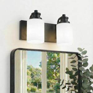 VINLUZ 2 Light Black Vanity Lighting Fixture for Bathroom Decor Classic Industrial Wall Light with Milky White Glass Shades for Porch Workshop