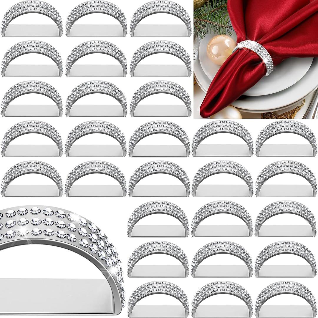 Tioncy 100 Pcs Stainless Steel Diamond Napkin Rings Silver Semicircle Modernist Metal Napkin Holders Rings Bulk Elegant Serviette Buckles for Table Decorations Wedding Dinner Party